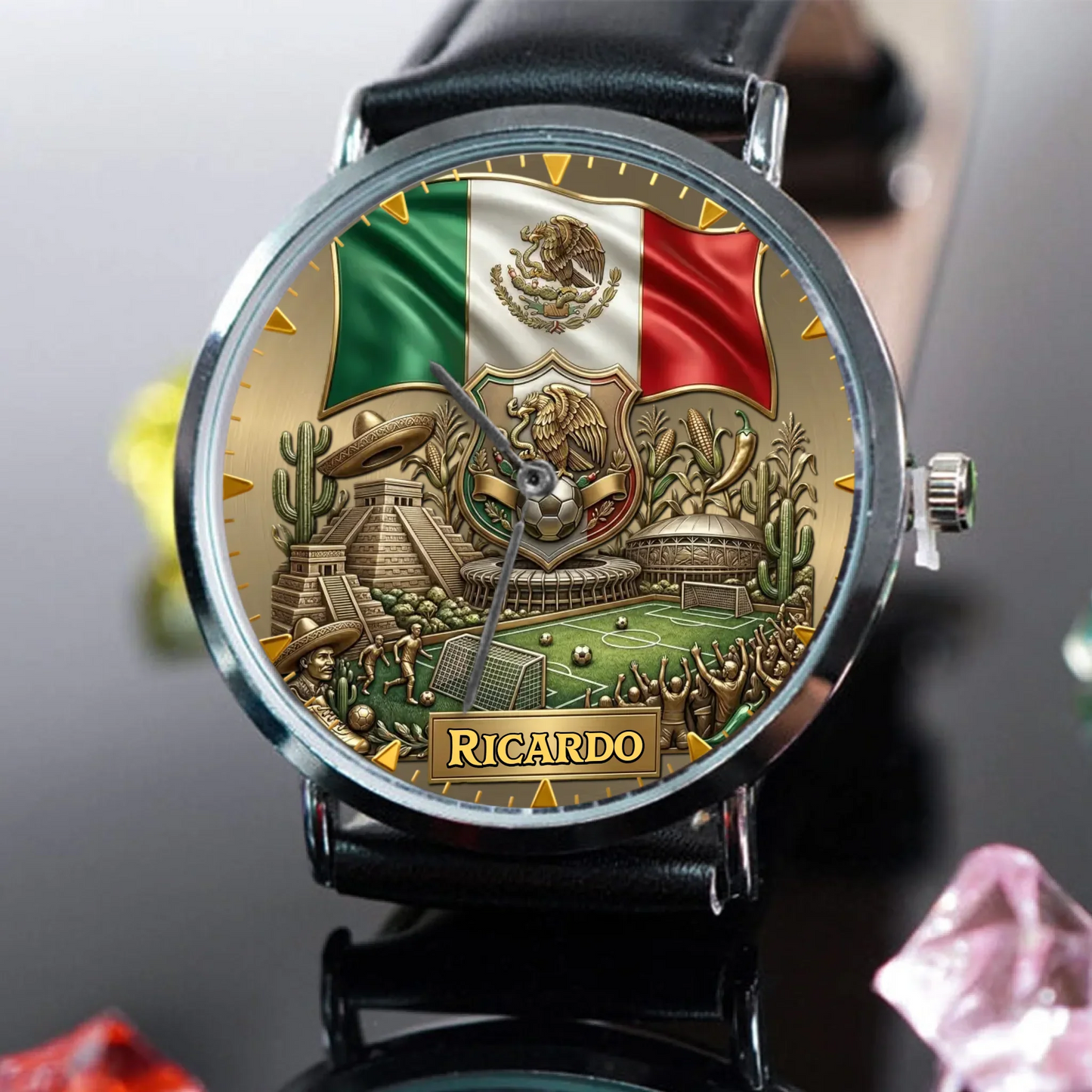 Personalized Mexico Soccer 2026 Custom Name Watch — Mexican Flag Eagle Patriotic Commemorative Timepiece