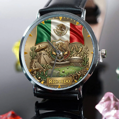 Personalized Mexico Soccer 2026 Custom Name Watch — Mexican Flag Eagle Patriotic Commemorative Timepiece