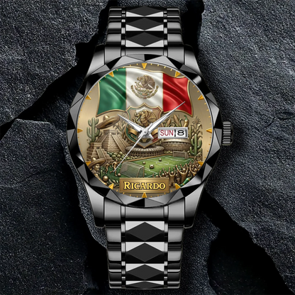 Personalized Mexico Soccer 2026 Custom Name Watch — Mexican Flag Eagle Patriotic Commemorative Timepiece