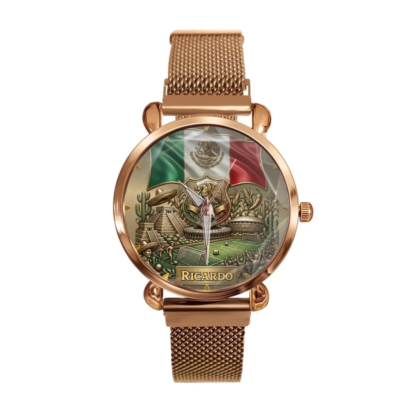 Personalized Mexico Soccer 2026 Custom Name Watch — Mexican Flag Eagle Patriotic Commemorative Timepiece