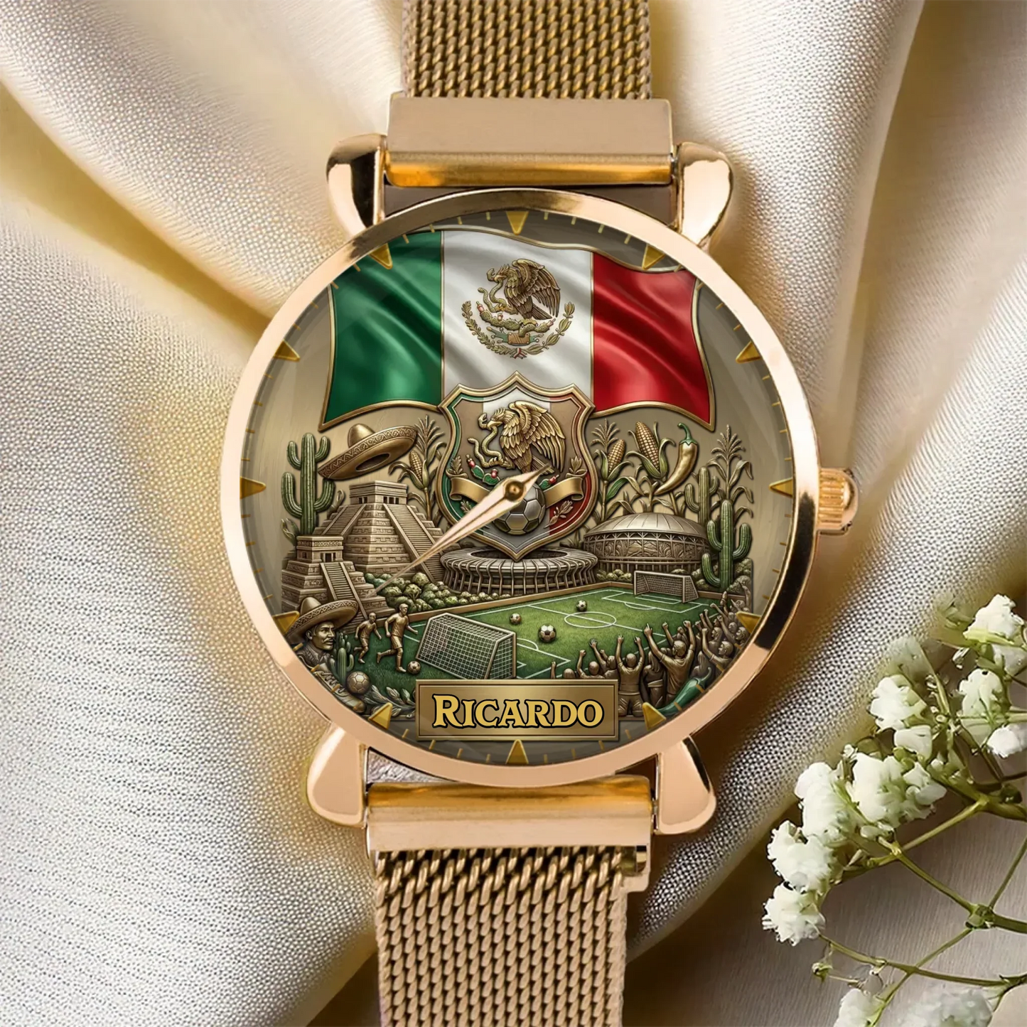 Personalized Mexico Soccer 2026 Custom Name Watch — Mexican Flag Eagle Patriotic Commemorative Timepiece