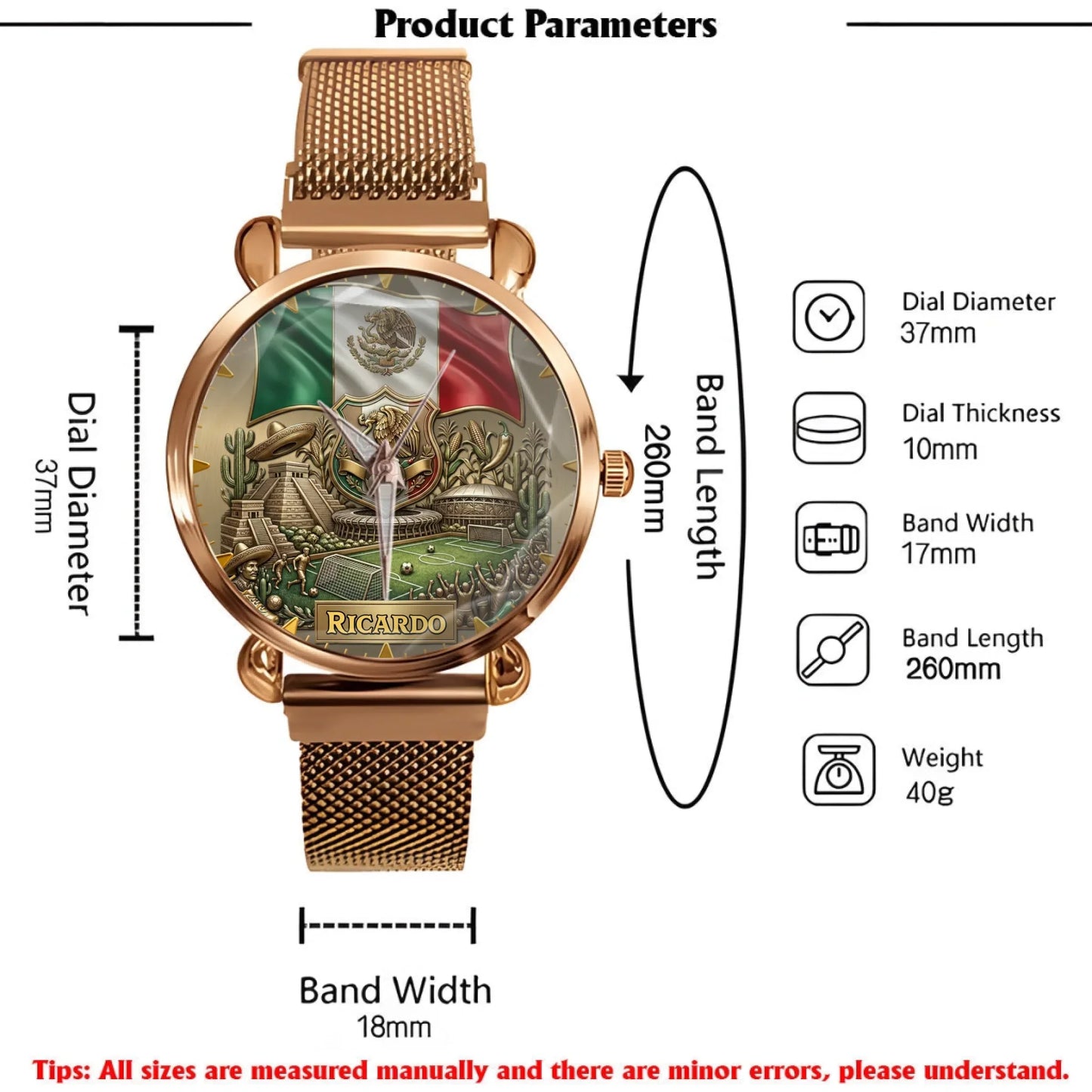 Personalized Mexico Soccer 2026 Custom Name Watch — Mexican Flag Eagle Patriotic Commemorative Timepiece