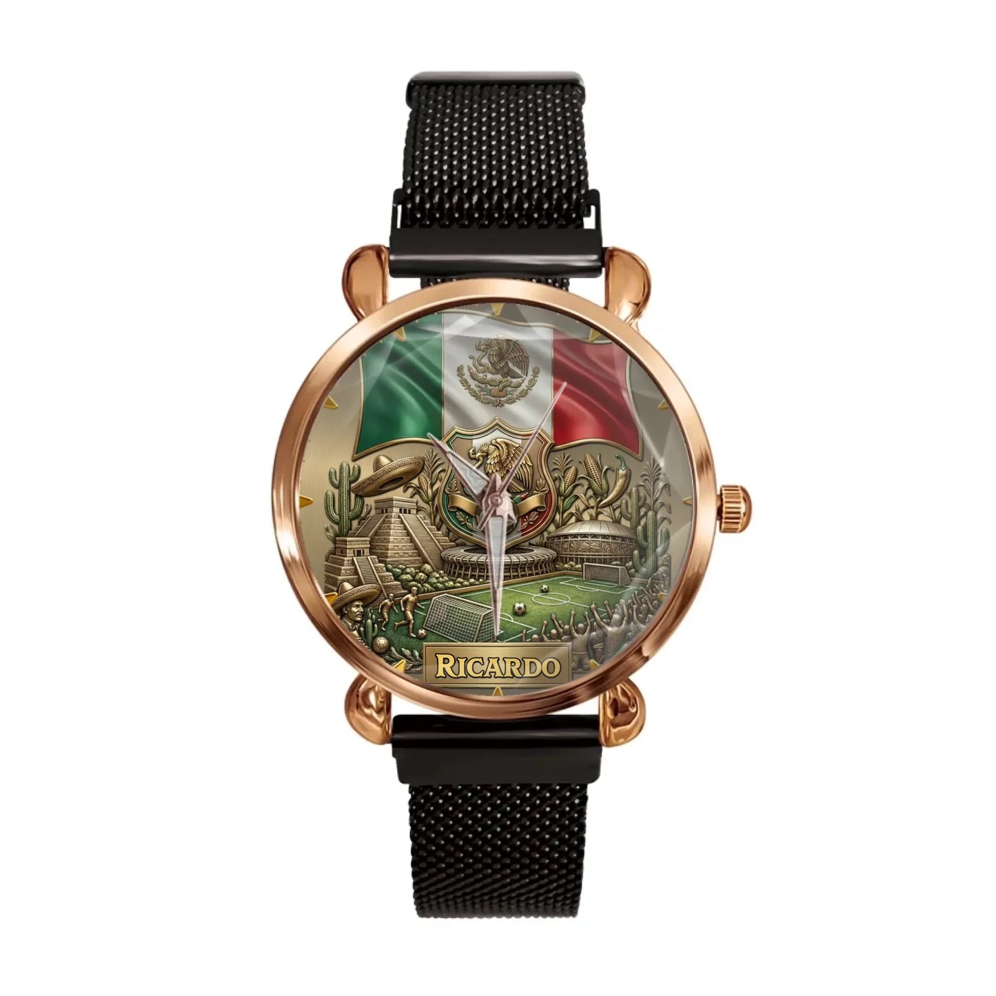 Personalized Mexico Soccer 2026 Custom Name Watch — Mexican Flag Eagle Patriotic Commemorative Timepiece
