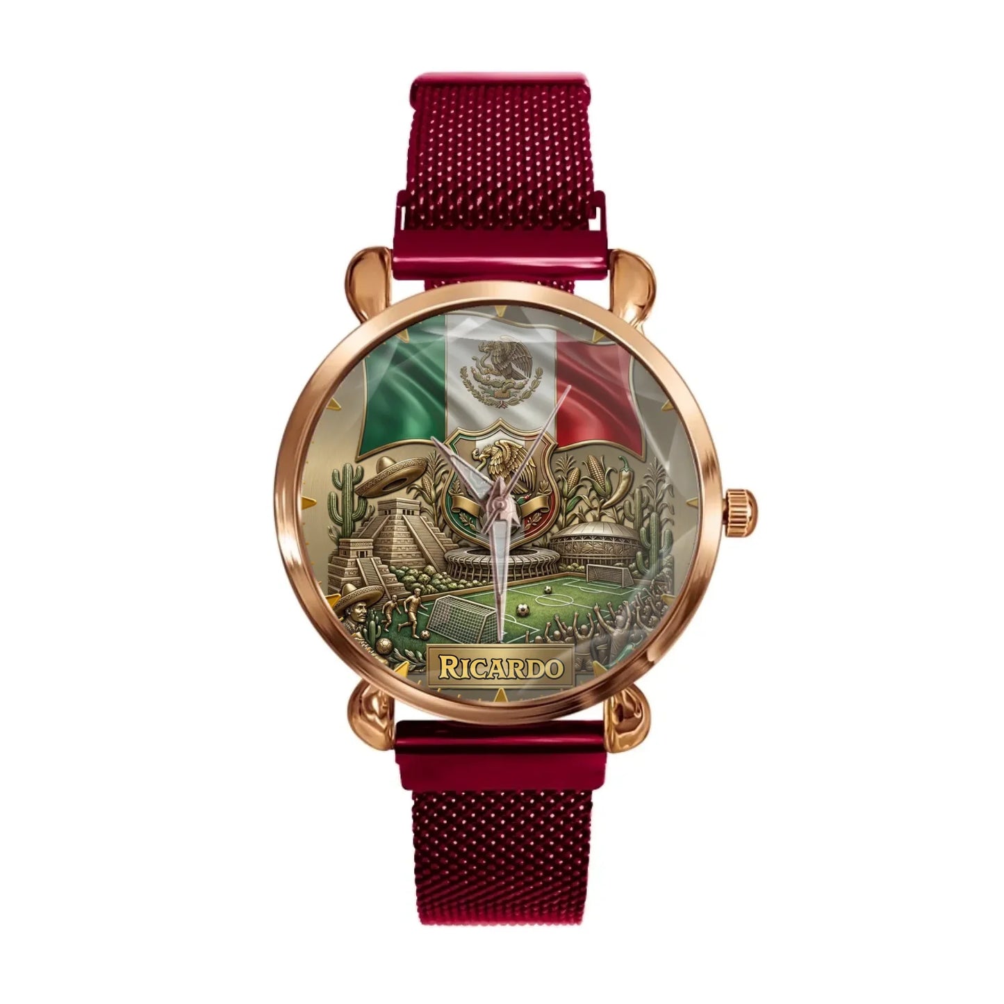 Personalized Mexico Soccer 2026 Custom Name Watch — Mexican Flag Eagle Patriotic Commemorative Timepiece