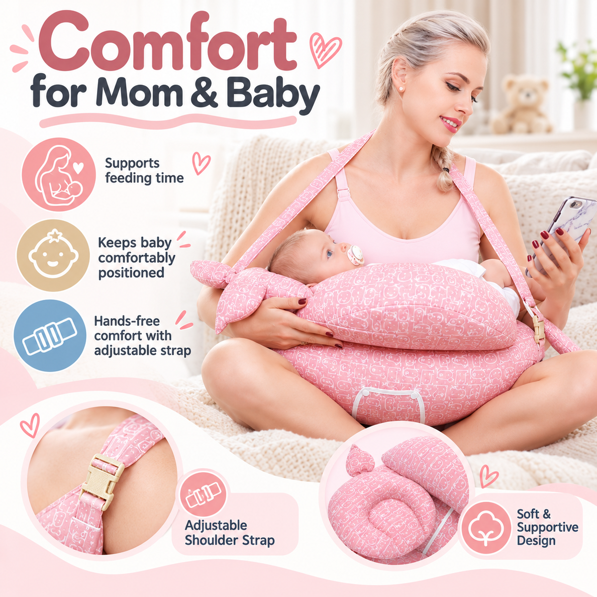 👶 Ergonomic Nursing Pillow 🍼 Hands-Free Feeding Cushion with Adjustable Strap & Baby Pillow