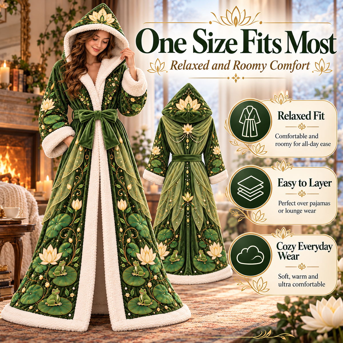 Lotus Garden USB Heated Hooded Robe – Plush Full-Length Wearable Warmth for Women