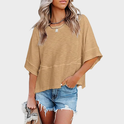 Panel Solid Color Flared Sleeve T-Shirt in Khaki
