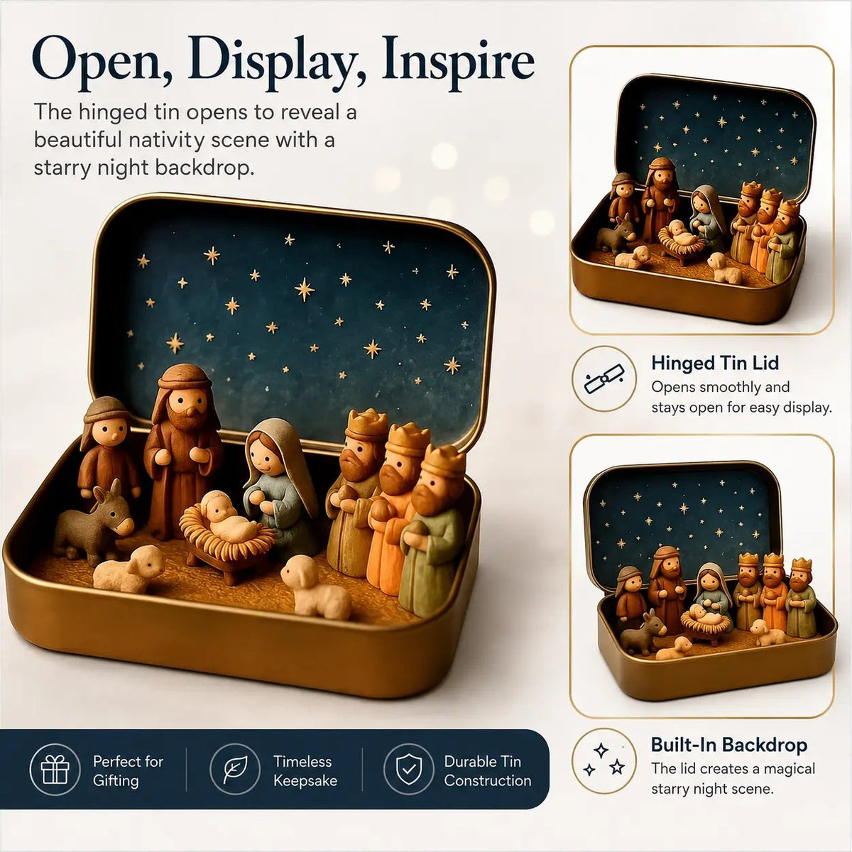 Mini nativity scene with hinged keepsake tin and starry backdrop