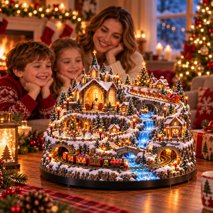 Lighted Animated Christmas Village with Train, Reindeer Sleigh & Waterfall
