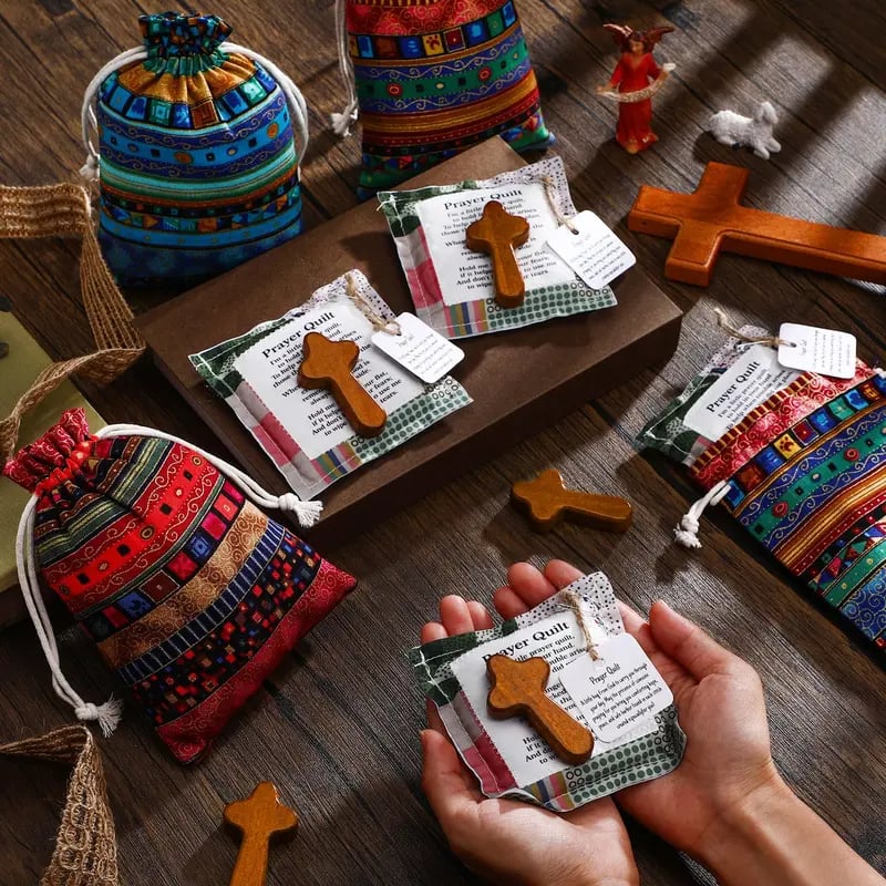 🎁🙏Pocket Prayer Quilt Set | Mini Handmade Prayer Blankets with Cross & Drawstring Bag Christian Gifts✝️