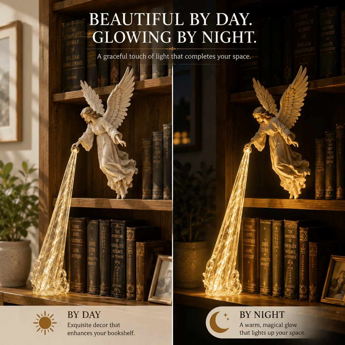 👼🎁 Celestial Guardian – Angel Light Beam Bookshelf Decor