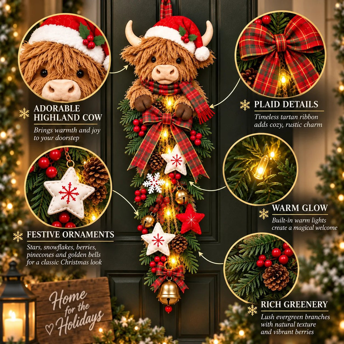 🔥Last Day 49% OFF✨🎄 Lighted Highland Cow Christmas Door Swag – A Cozy Holiday Welcome