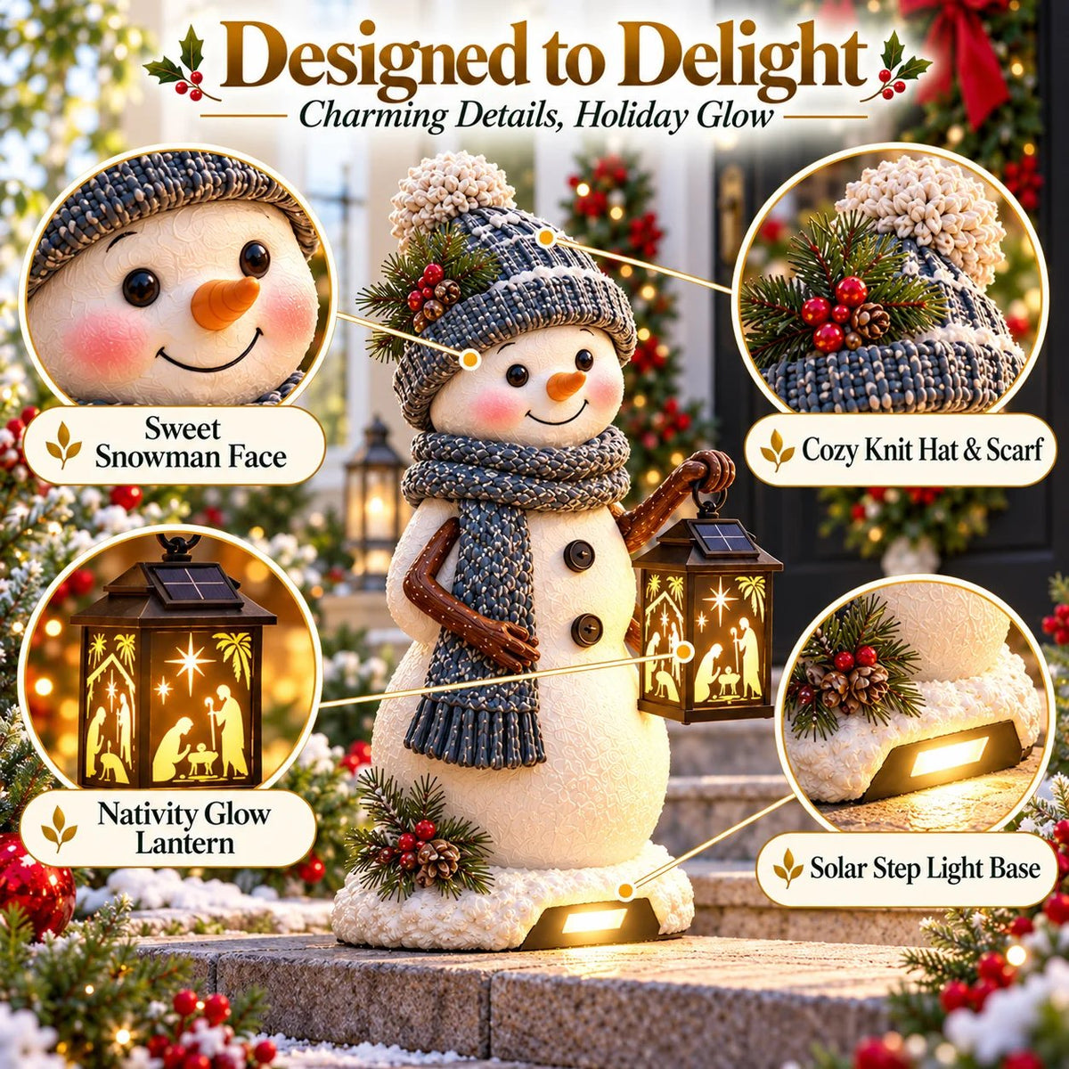 ⛄️🎄Snowman Nativity Glow– Solarbetriebene Weihnachts-Stufenleuchte mit Projektion der Heiligen Familie🌙
