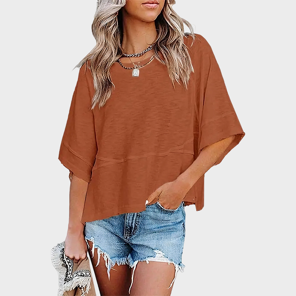 Panel Solid Color Flared Sleeve T-Shirt in Brown