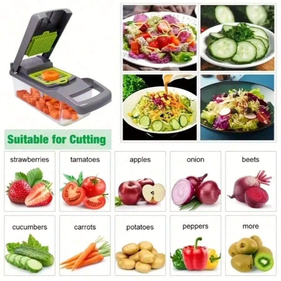 [Vegetable Slicer] 16-In-1 Vegetable Chopper, Professional Onion Chopper, Multi-Functional Food Chopper, Kitchen Vegetable Slicer And Dicer, Vegetable Chopper With 8 Blades, Carrot Chopper With Container Father Gift