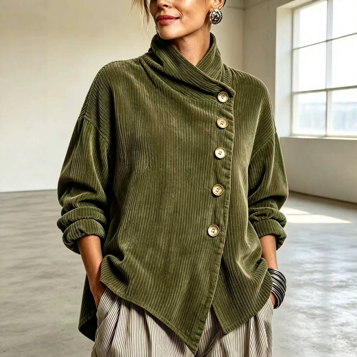 Cozy Asymmetric Button-Accented Corduroy Top