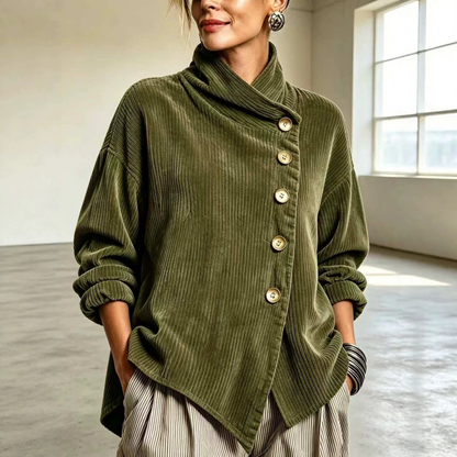 Cozy Asymmetric Button-Accented Corduroy Top