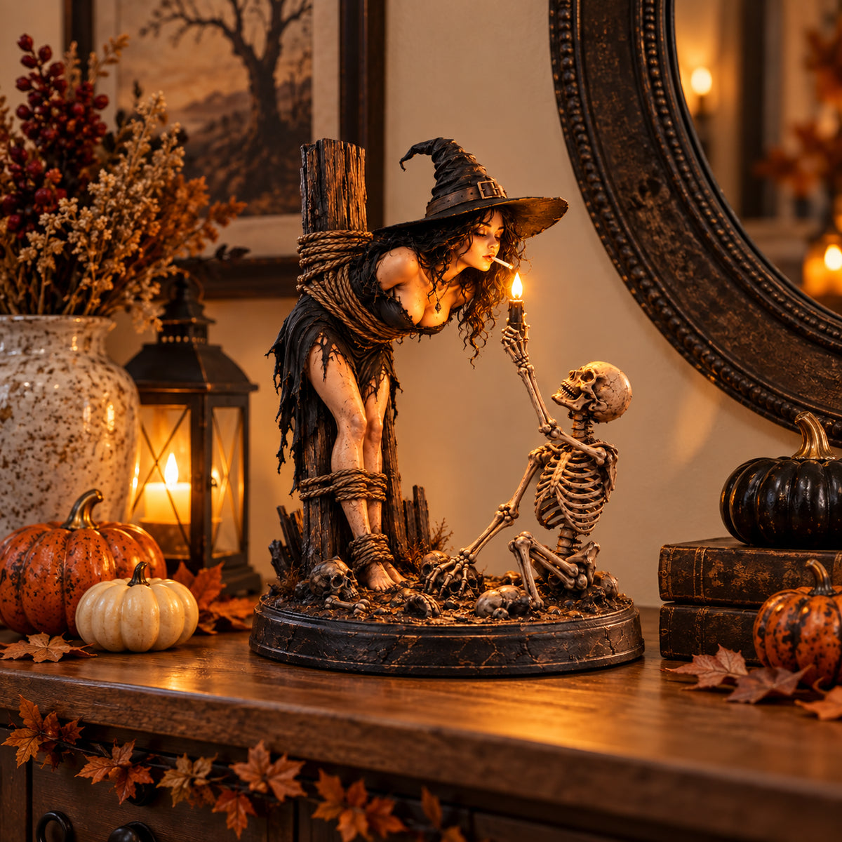 Witch & Skeleton Light-Up Figurine – Gothic Halloween Tabletop Decor