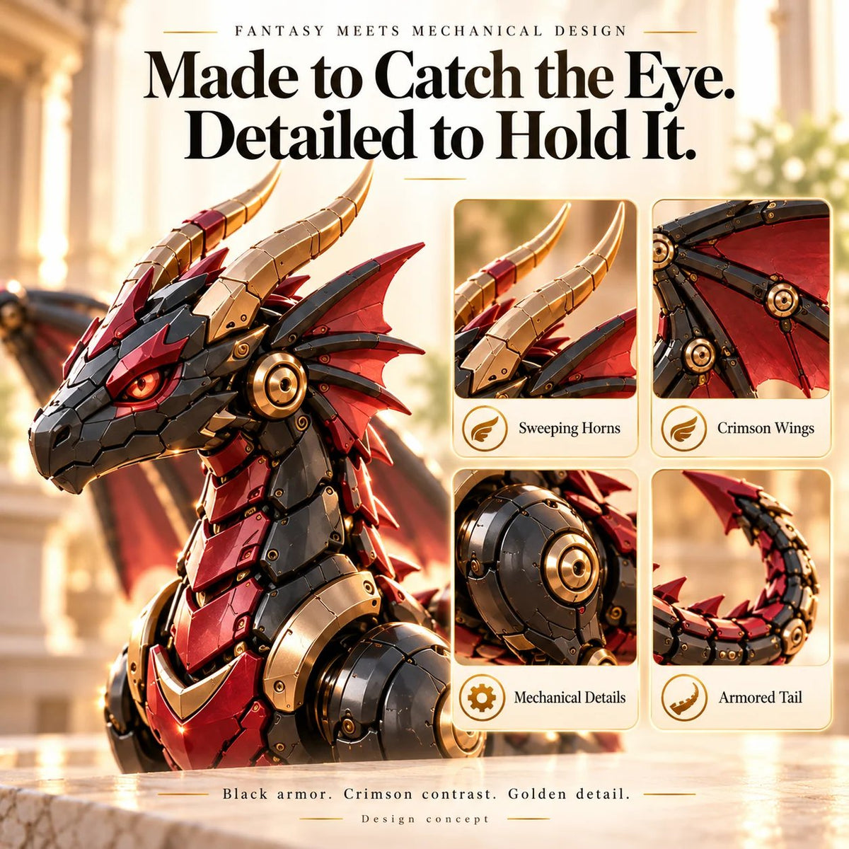 Mechanical Dragon Egg – Black & Crimson Dragon with Folding Wings & Armored Details