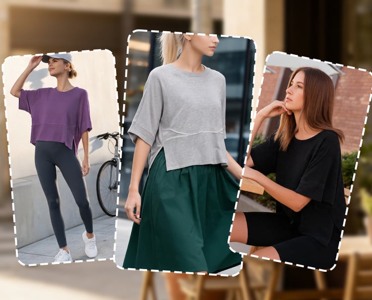 Flared sleeve top styled with leggings skirt and shorts