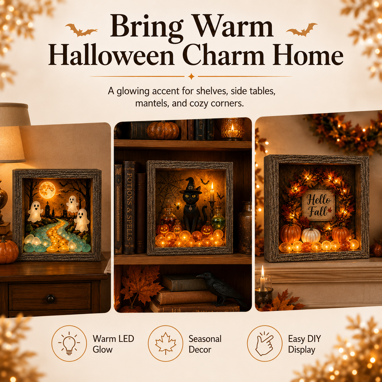 🎃DIY Lighted Halloween Shadow Box Kit – Warm LED Fall Decor & Easy Seasonal Craft