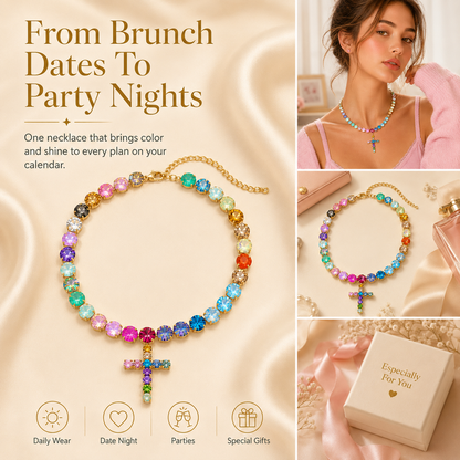 Colorful Crystal Cross Necklace – Sparkling Adjustable Statement Jewelry