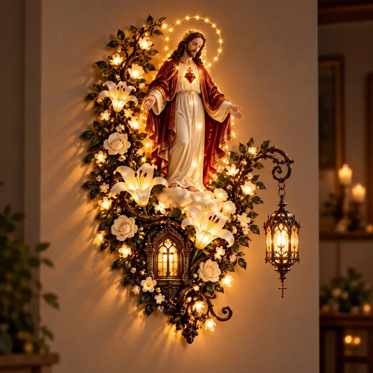 Illuminated Holy Family Floral Wall Decor