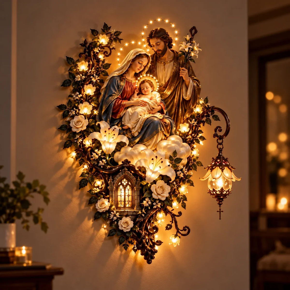 Illuminated Holy Family Floral Wall Decor