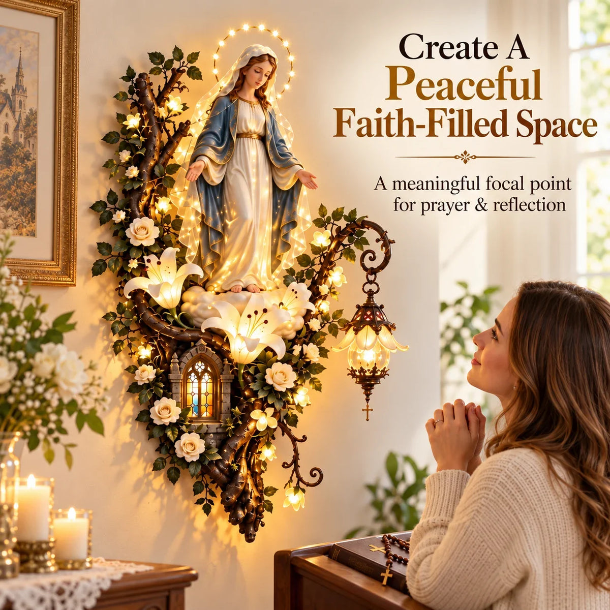 Illuminated Holy Family Floral Wall Decor