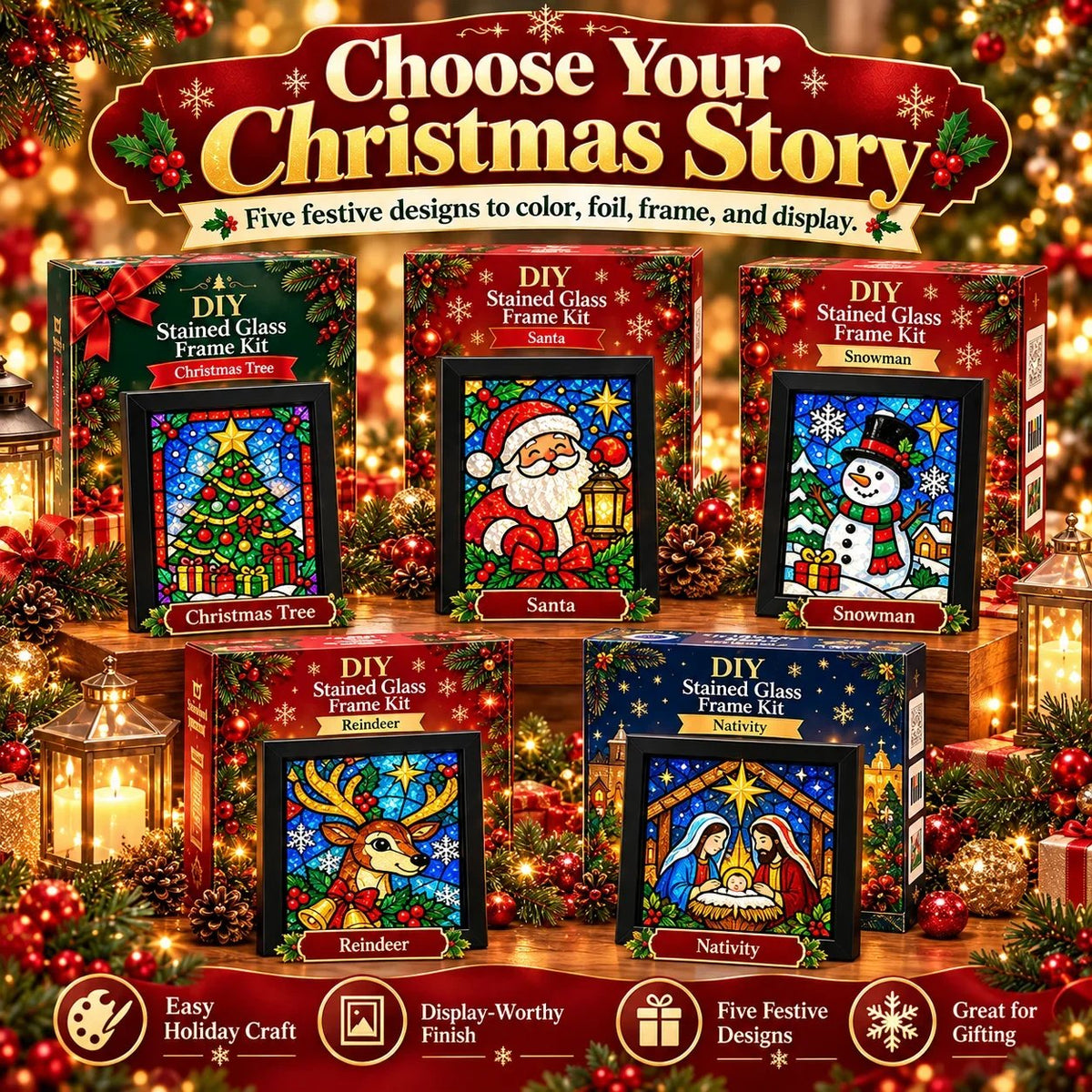 🎄🎨Beginner-Friendly Christmas Stained Glass-Style Frame Kit | 8 Festive Designs with Pens, Foil & Frame (✨Buy 2 Free Shipping)