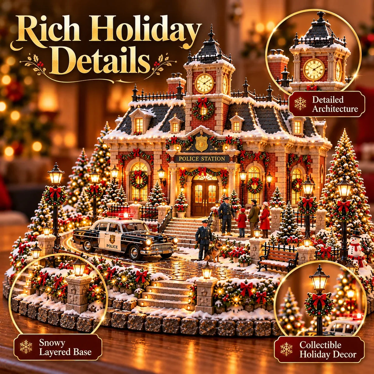 🎄 Christmas Police Station Village™ – Warm LED Lights, Vintage Patrol Car & K9 Holiday Display