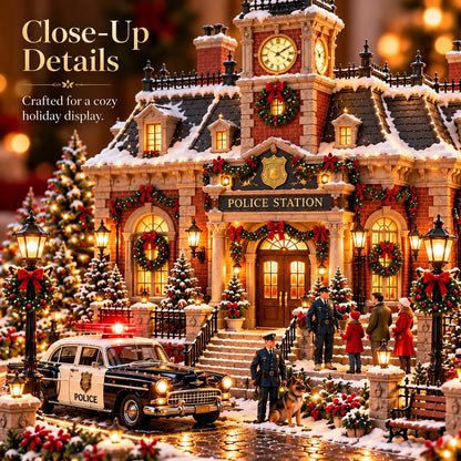 🎄 Christmas Police Station Village™ – Warm LED Lights, Vintage Patrol Car & K9 Holiday Display