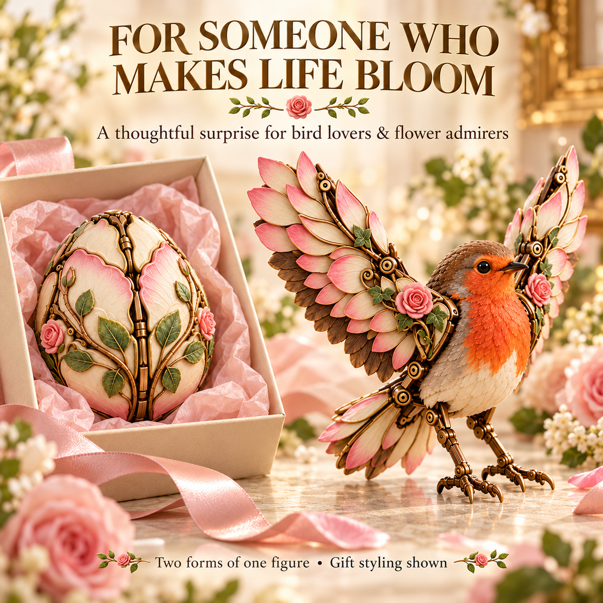 Rosewing Robin Transforming Egg – Floral Mechanical Bird – view 6