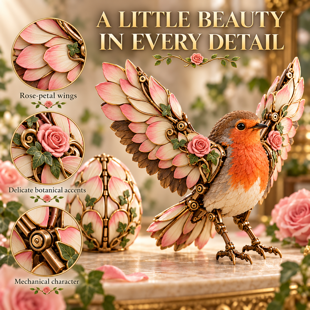 Rosewing Robin Transforming Egg – Floral Mechanical Bird – view 4