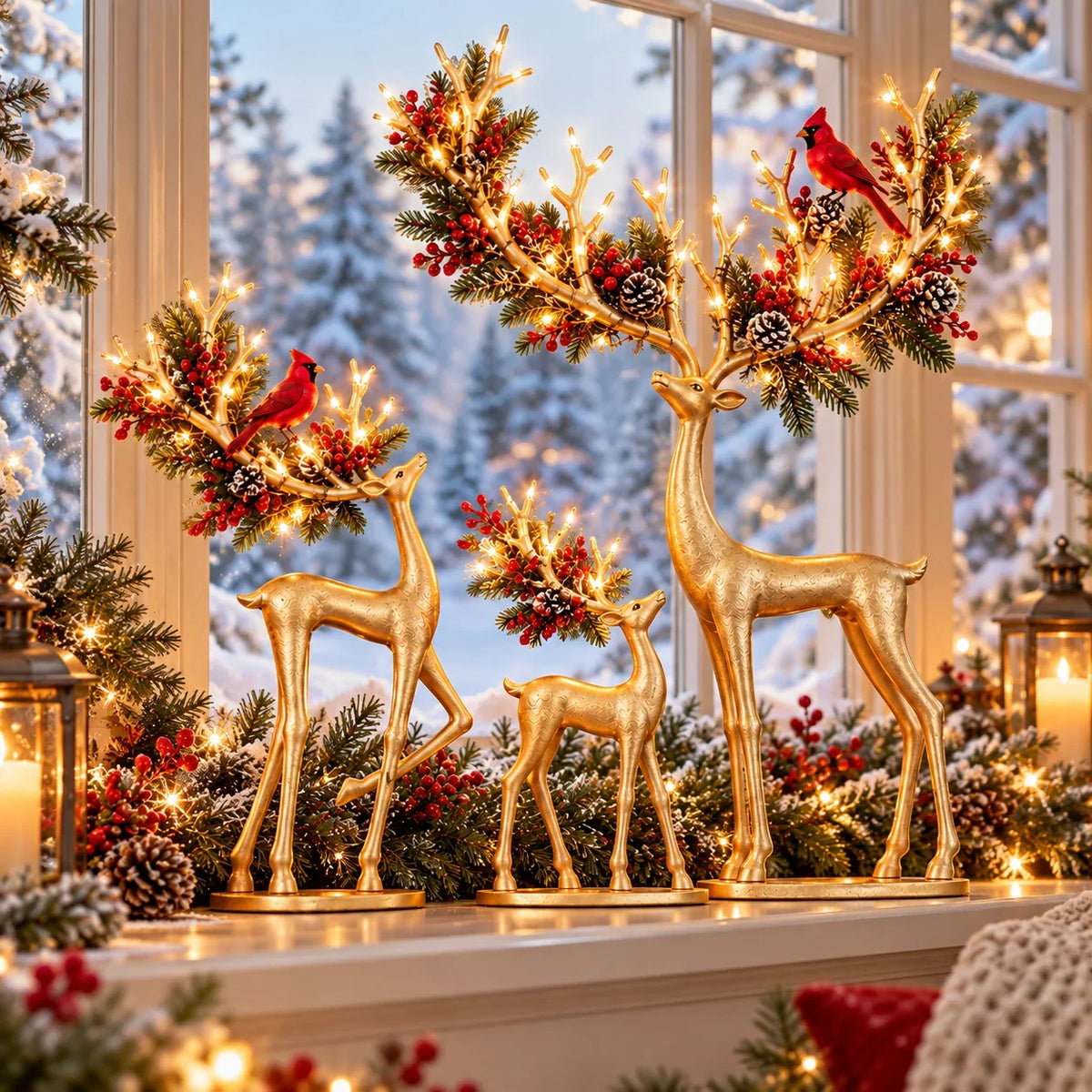 Cardinal Woodland Reindeer – Lighted Golden Deer Decorations – product view 5