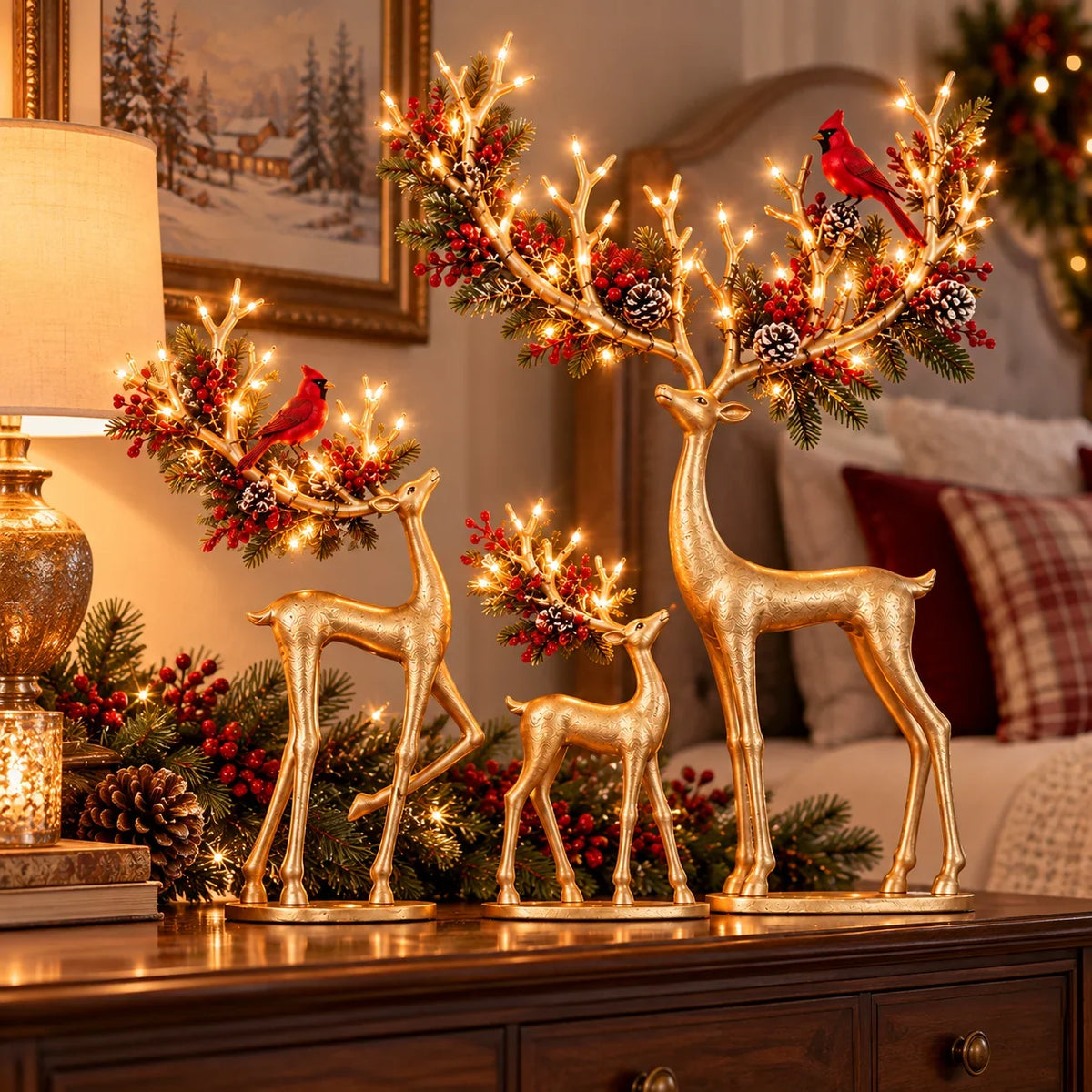 Cardinal Woodland Reindeer – Lighted Golden Deer Decorations – product view 9
