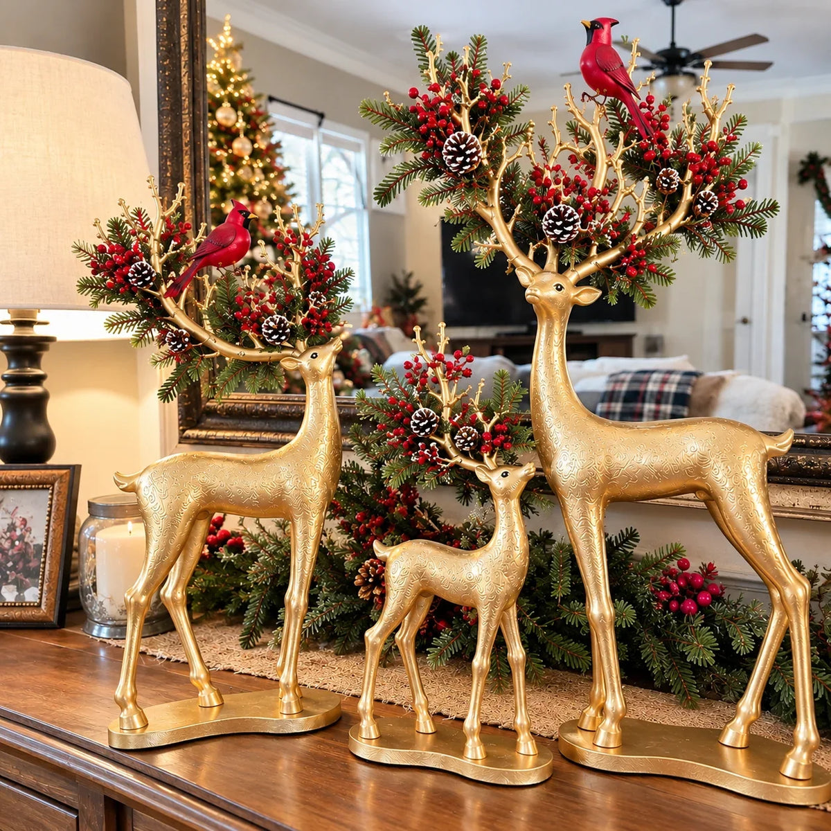 Cardinal Woodland Reindeer – Lighted Golden Deer Decorations – product view 1