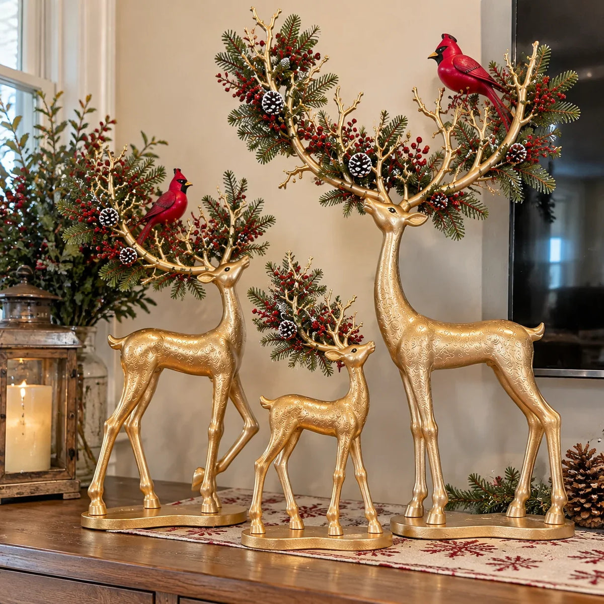 Cardinal Woodland Reindeer – Lighted Golden Deer Decorations – product view 2