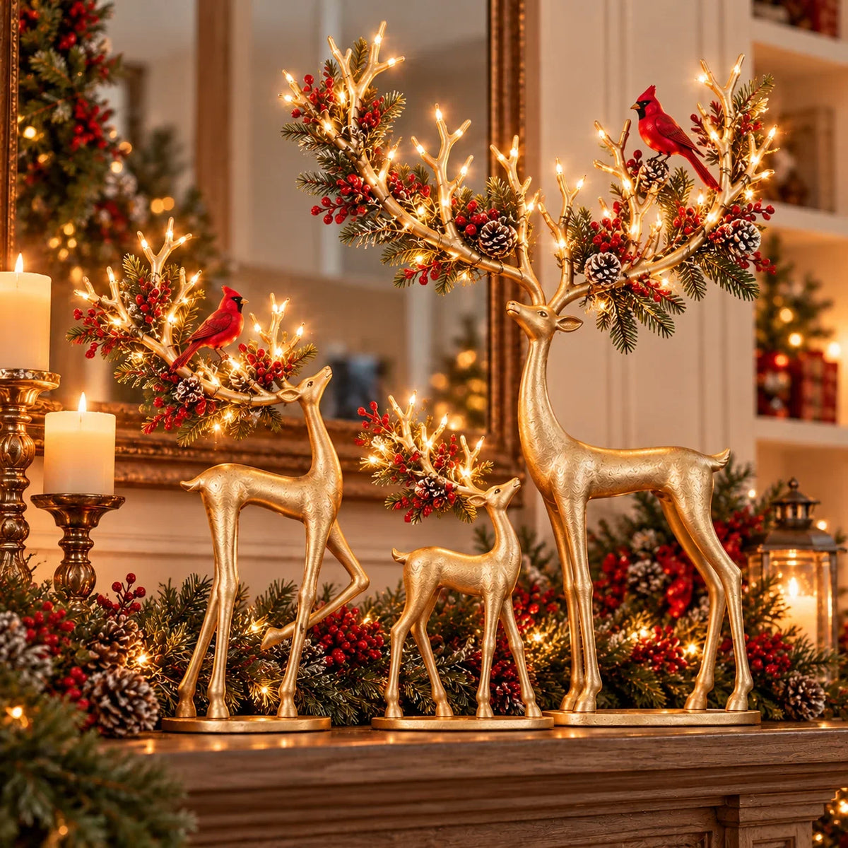 Cardinal Woodland Reindeer – Lighted Golden Deer Decorations – product view 3