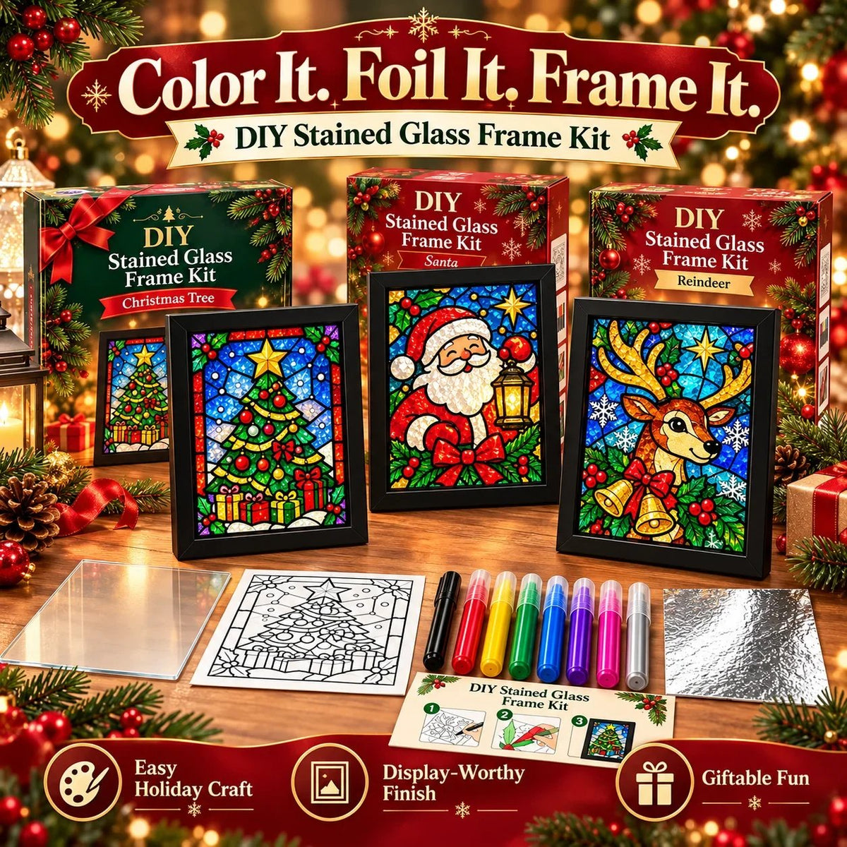🎄🎨Beginner-Friendly Christmas Stained Glass-Style Frame Kit | 8 Festive Designs with Pens, Foil & Frame (✨Buy 2 Free Shipping)