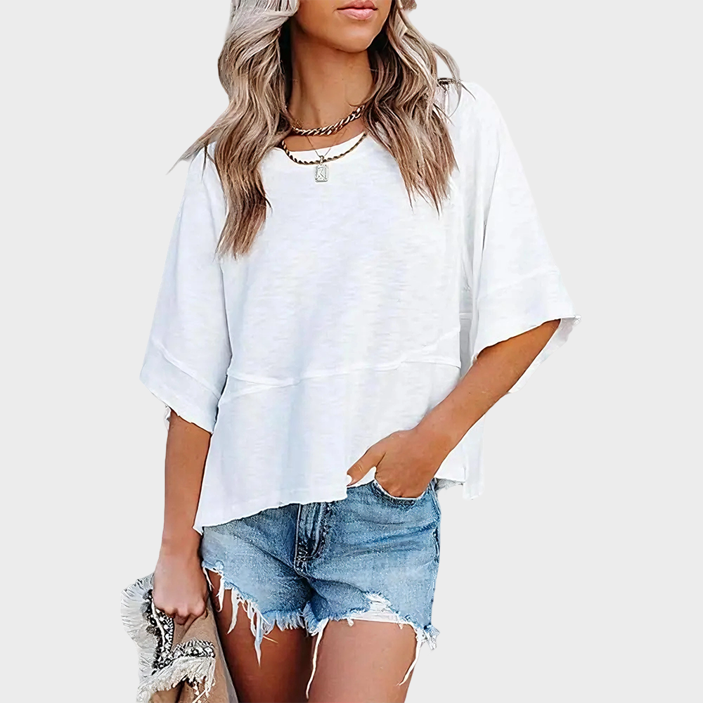 Panel Solid Color Flared Sleeve T-Shirt in White