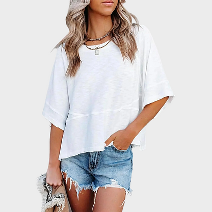 Panel Solid Color Flared Sleeve T-Shirt in White