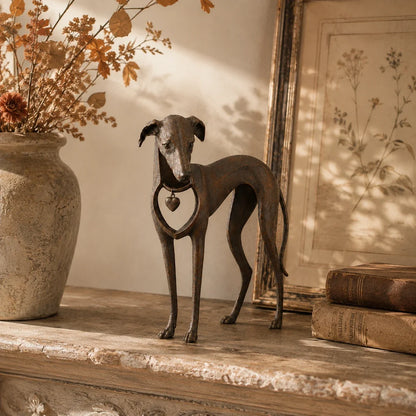 Heritage Heart Sighthound Sculpture – Vintage Iron Dog Accent for Timeless Interiors