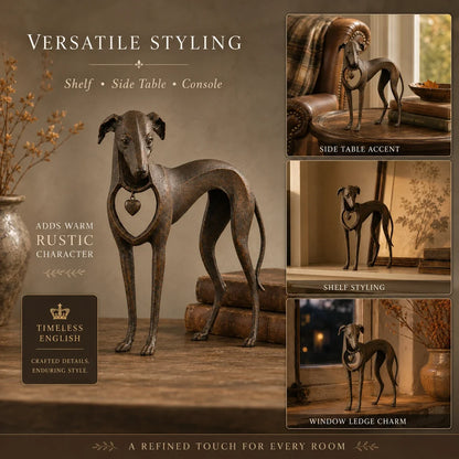 Heritage Heart Sighthound Sculpture – Vintage Iron Dog Accent for Timeless Interiors