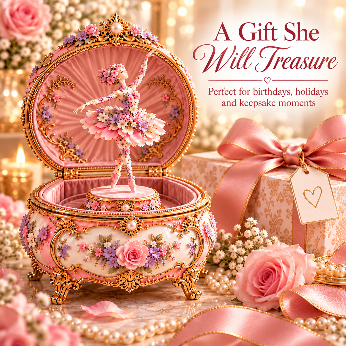 Floral Ballerina Music Box with Butterfly Reveal