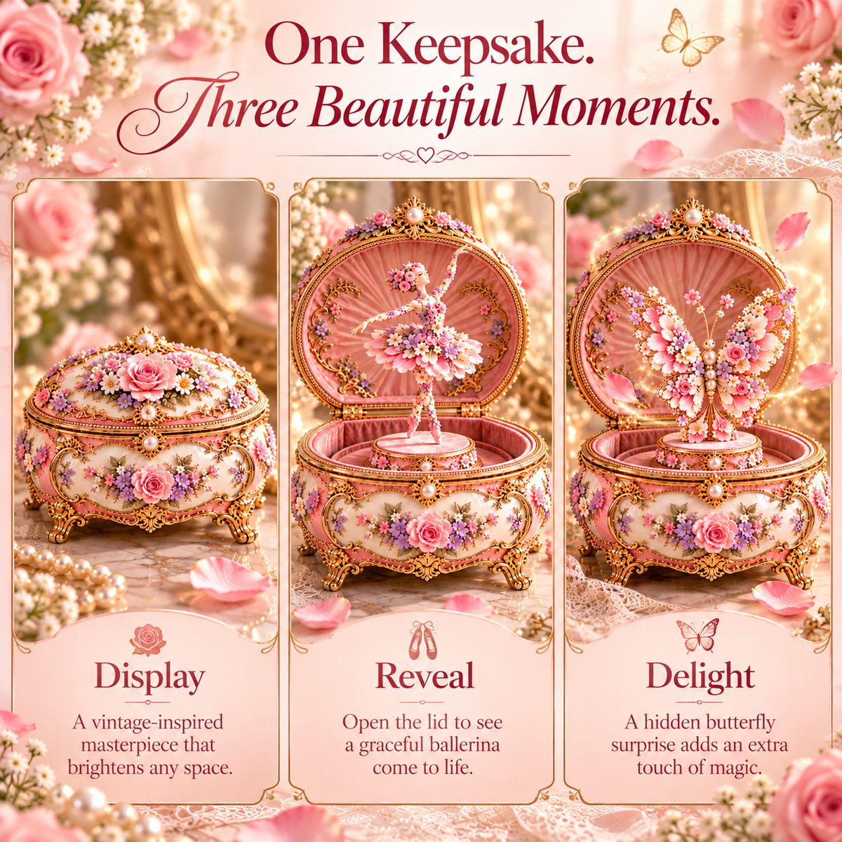 Floral Ballerina Music Box with Butterfly Reveal