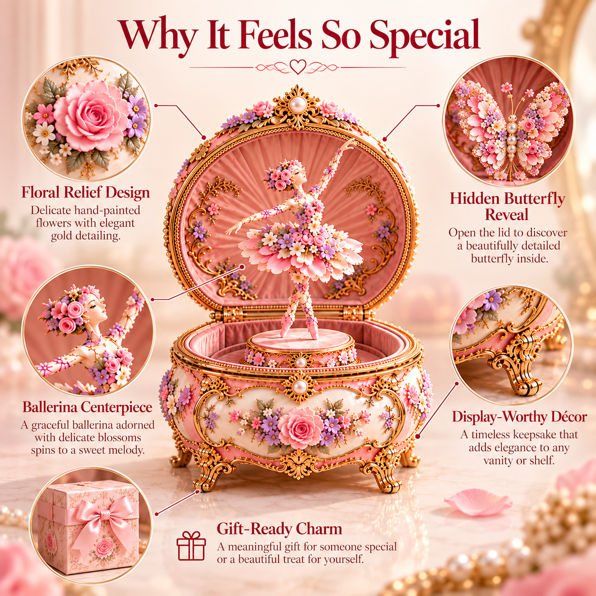Floral Ballerina Music Box with Butterfly Reveal