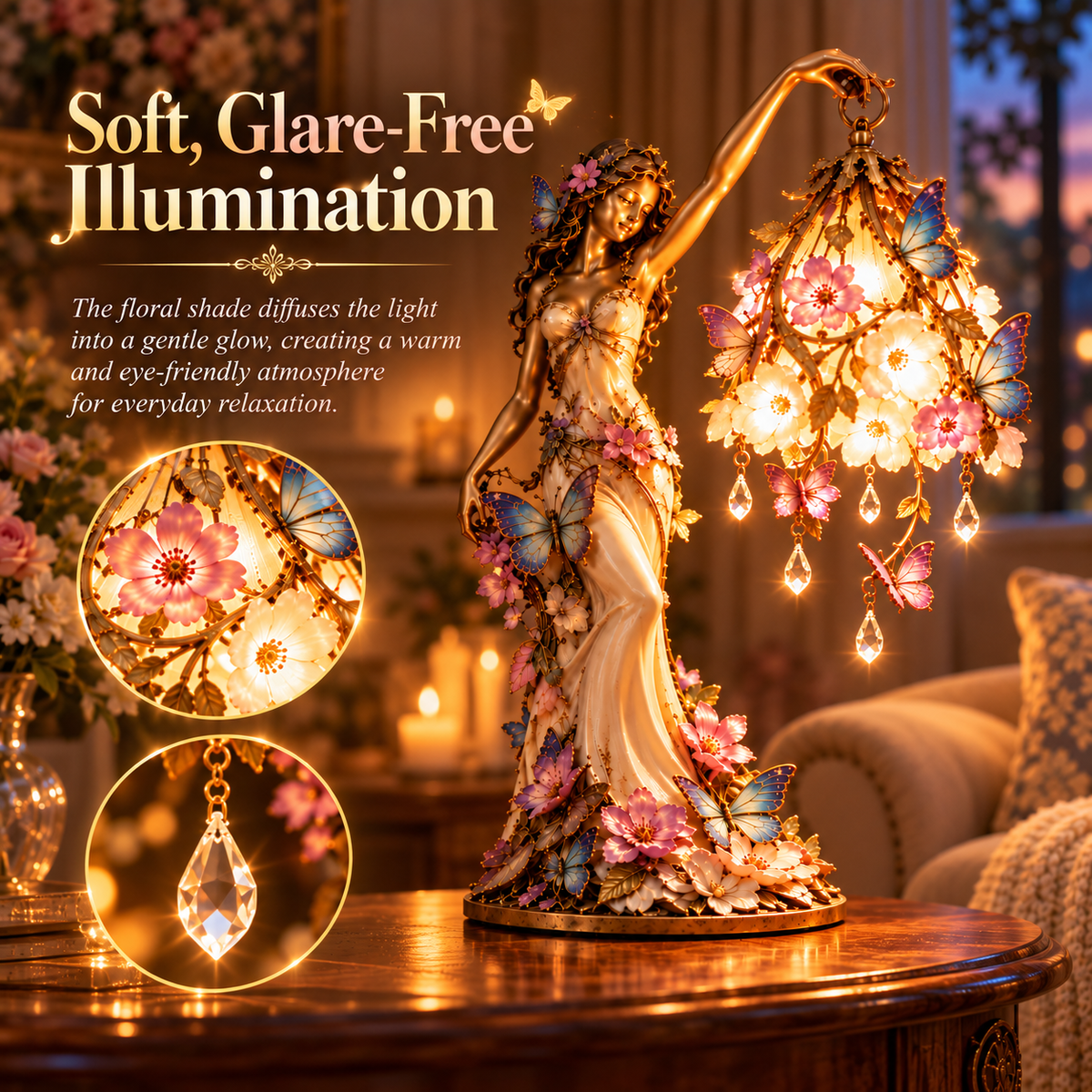 🦋 Butterfly Lady Accent Lamp – Elegant Floral Goddess Light with Crystal Drops🌸