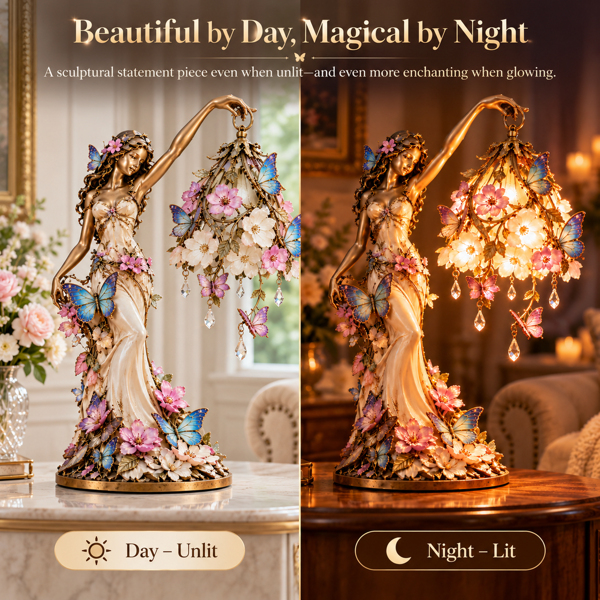 🦋 Butterfly Lady Accent Lamp – Elegant Floral Goddess Light with Crystal Drops🌸