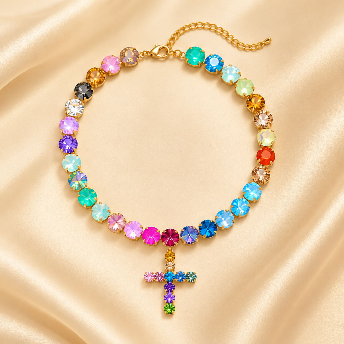 Colorful Crystal Cross Necklace – Sparkling Adjustable Statement Jewelry